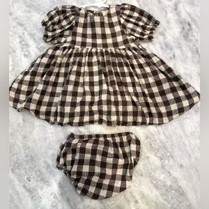 Rylee + Cru Brown and Cream Gingham Puff Sleeve Dress with Bloomer